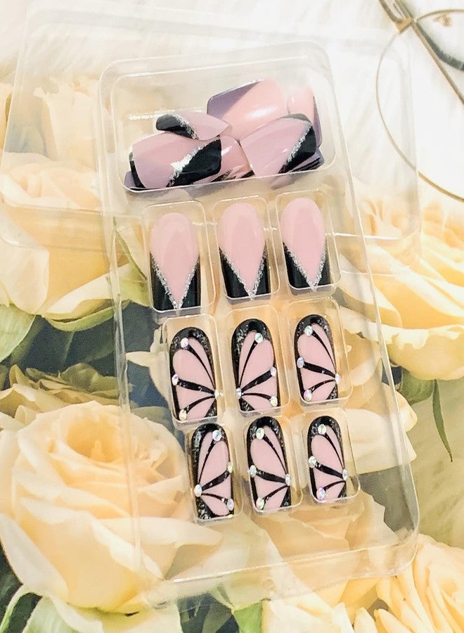 Vezocim Black Press on Nails Medium Square 24Pcs Artificial Glossy French Fake Nails with Rhinestone Designs Full Cover Coffin False Nails Glue Stick on Nails Fingernails with Charm for Women Girls - Image 5